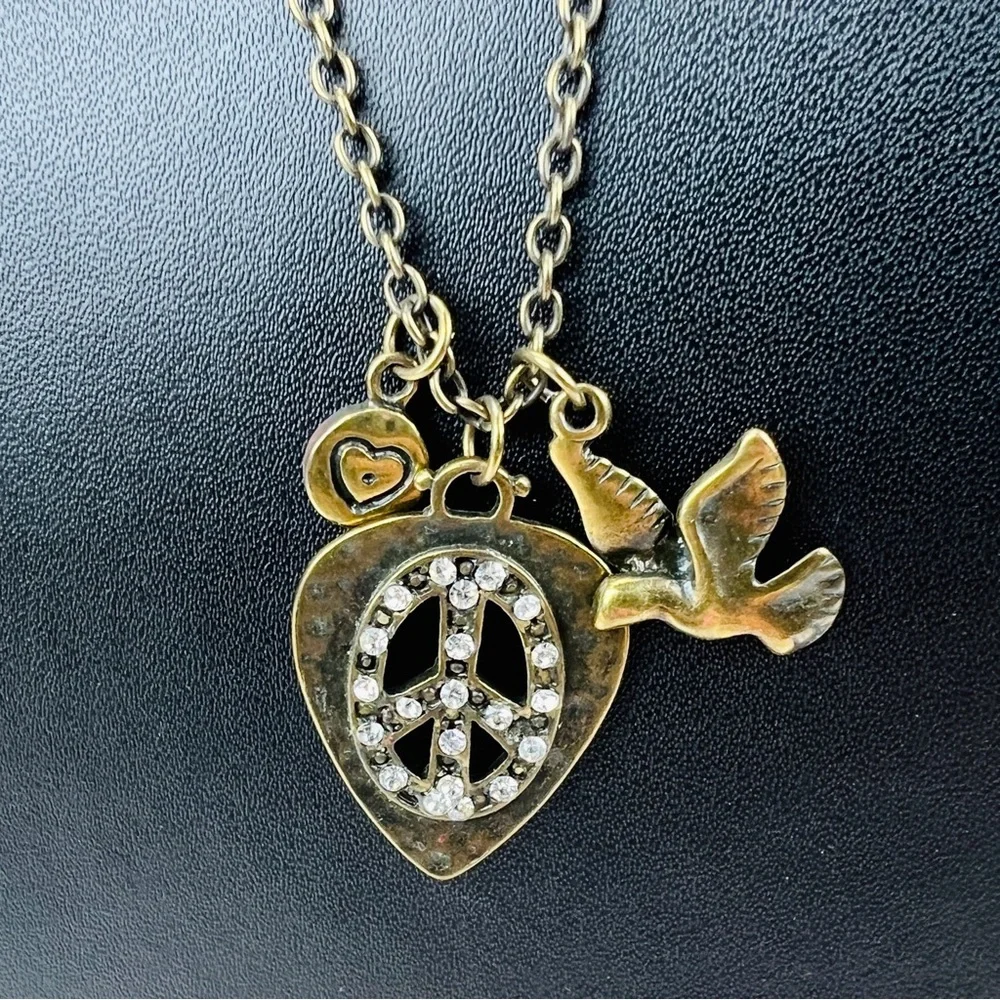 Beautiful bronze stone, 3 charm peace sign, heart, bird, long costume necklace - Picture 1 of 11
